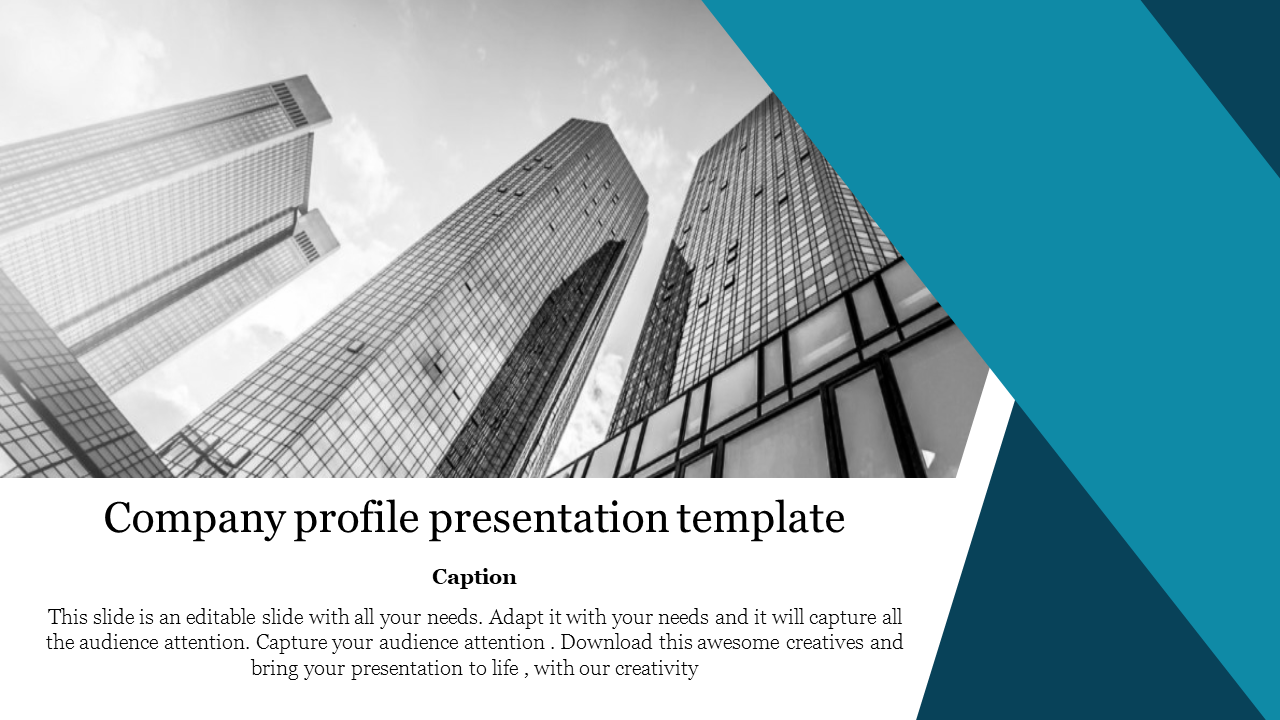 Company profile slide with a black and white skyscraper image, bold title, caption, and blue geometric design.