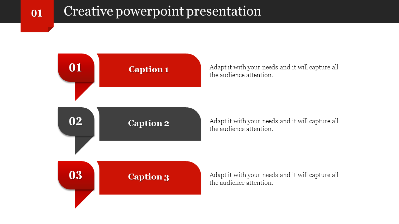 Creative PPT slide with three red and grey speech bubble blocks, each numbered 01, 02, and 03 with caption sections.