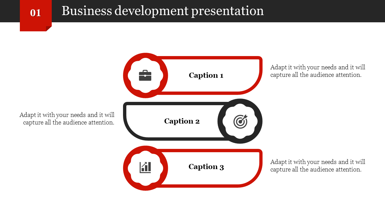 Business plan timeline with four numbered steps in black and red, connected by lines with hexagonal nodes and captions.