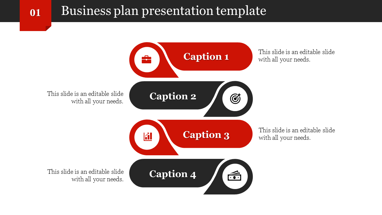 Business plan PowerPoint template with four numbered sections, each featuring a different icon with captions.