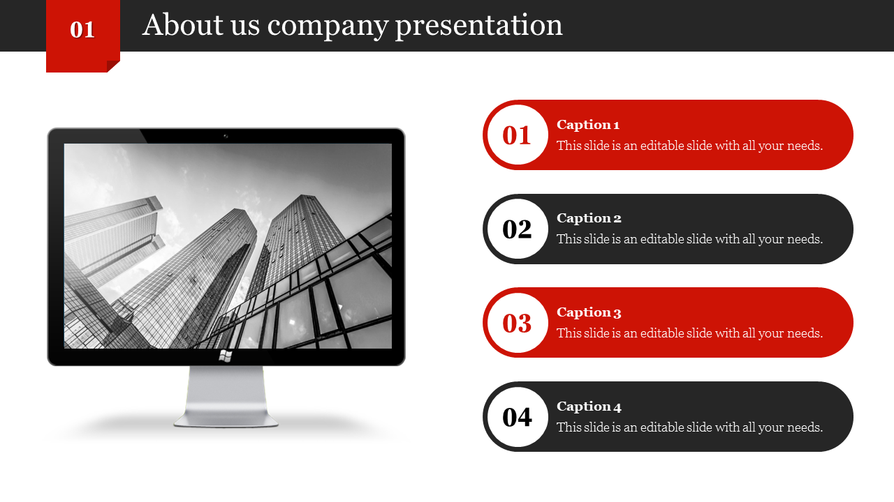 About us slide with a black and red design, featuring a large monitor showing buildings, and four numbered captions.