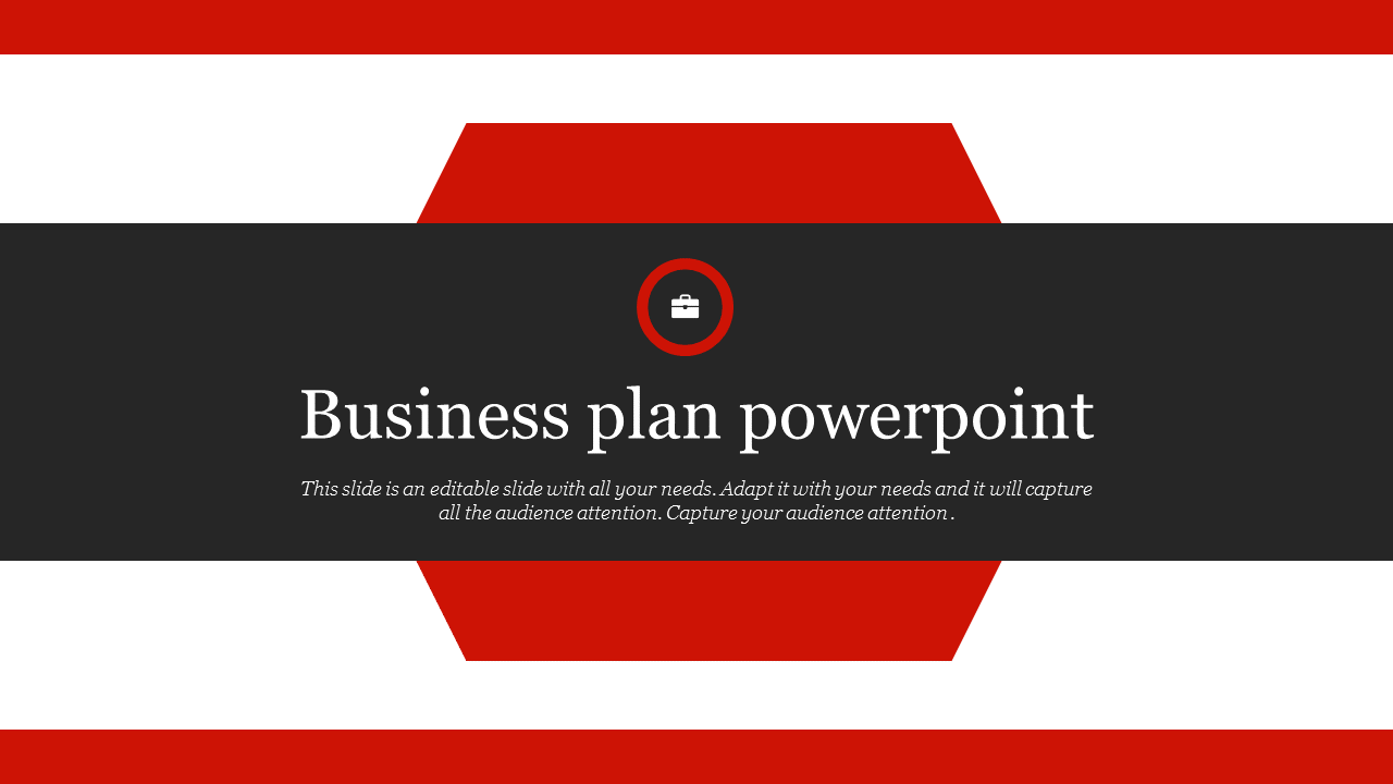 Business plan slide with a red hexagonal frame, featuring black banner with text and a briefcase icon in the center.