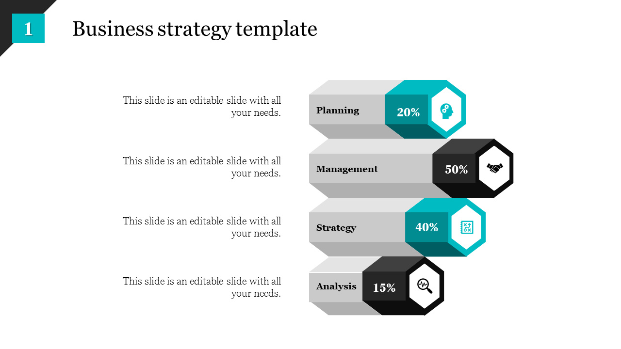 Business strategy slide with banners, each displaying a process name, percentage, and hexagonal icons in teal and black.
