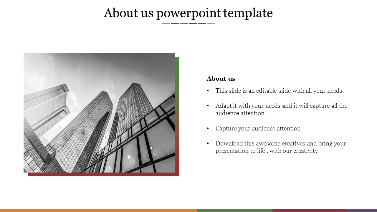About us slide featuring a high-angle view of city skyscrapers, with fou text placeholders on the right side.