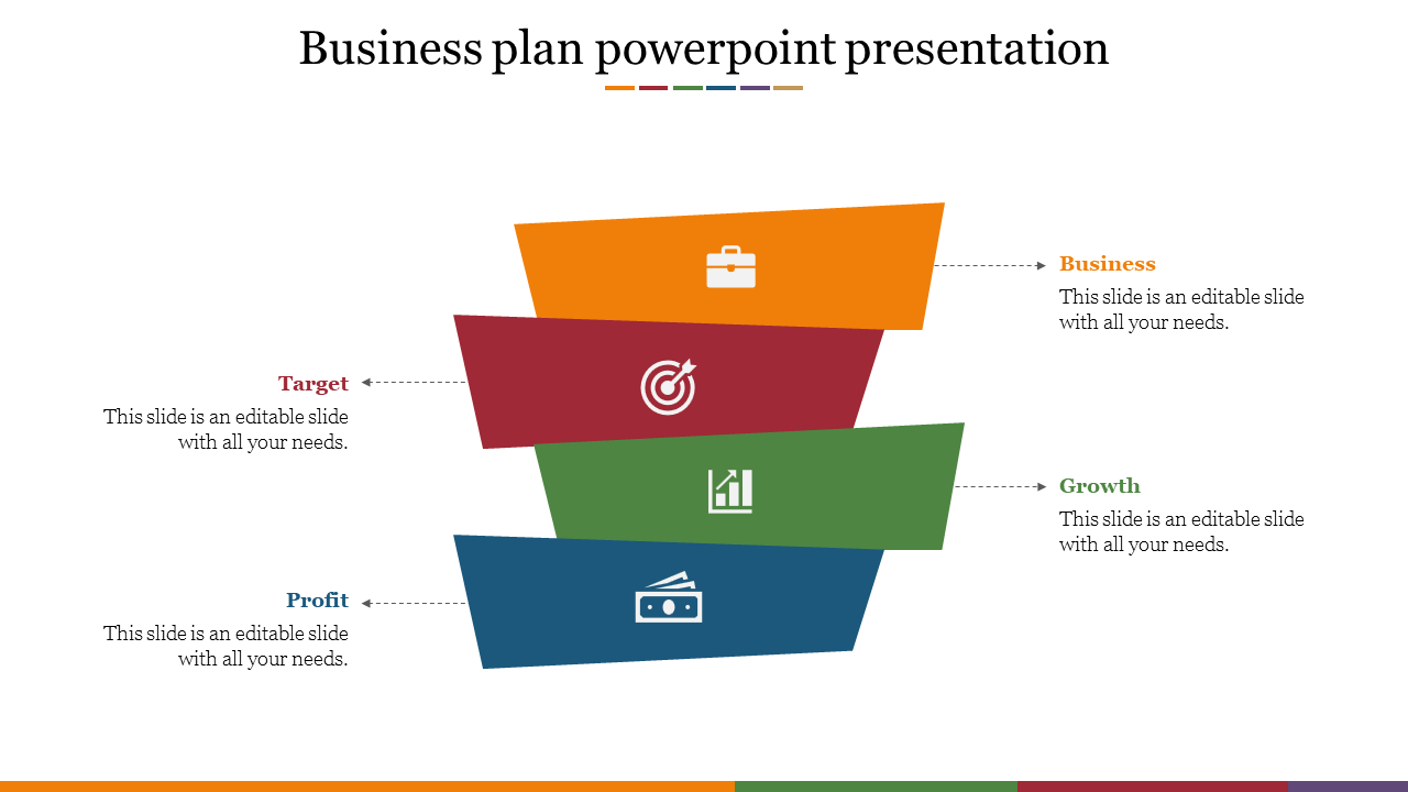 Colorful business plan PowerPoint presentation template with four sections for business, target, growth, and profit.