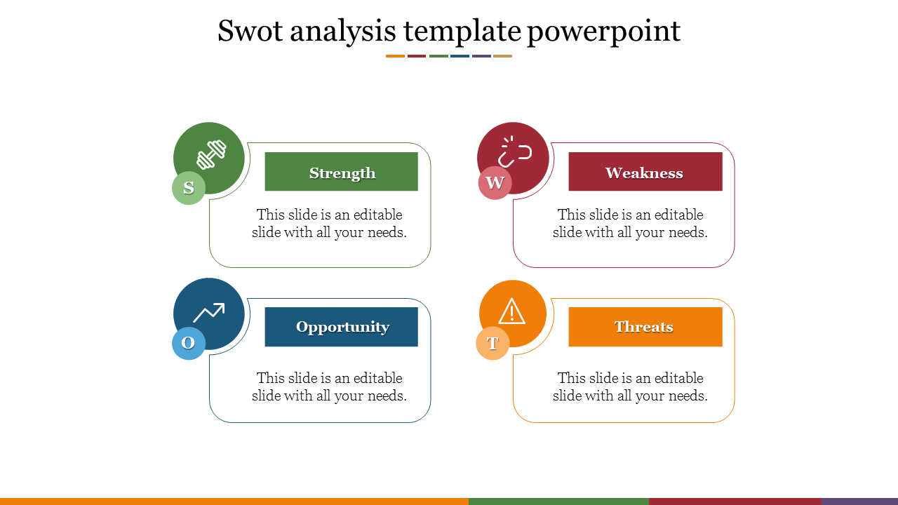SWOT analysis slide with four rounded rectangles in green, red, blue, and orange, each linked to circular icons.