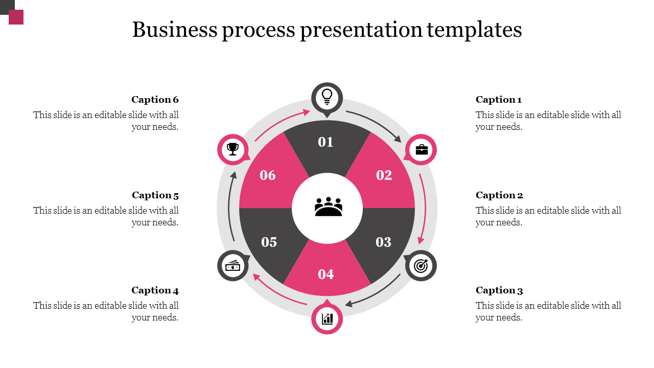 Business process presentation template with a colorful circular diagram and icons representing various business functions.