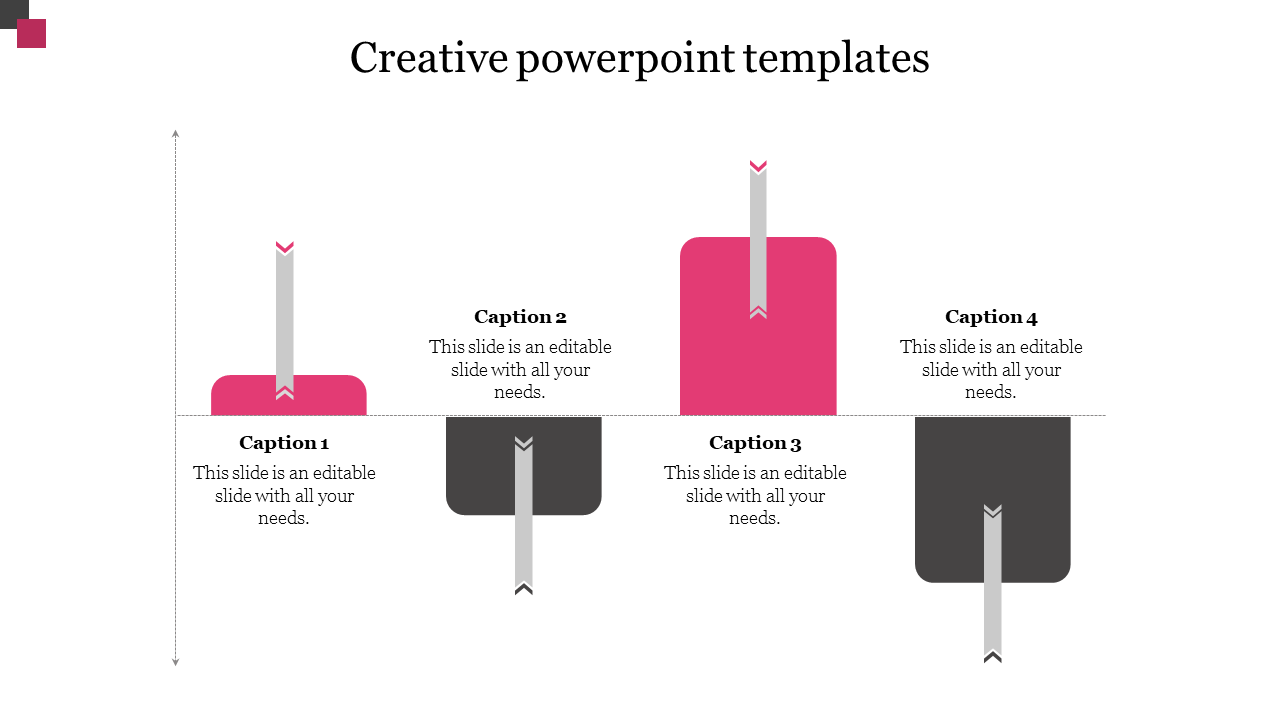 Creative slide with four vertical bar graphics in pink and black, each with arrows extending above or below a baseline.