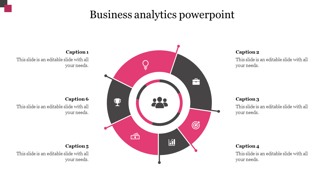 Business analytics PowerPoint template with a colorful circular diagram showing key business functions with captions.