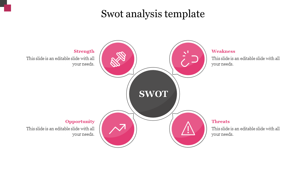 Business SWOT diagram with a black central SWOT circle, four pink segment with icons, and text placeholders for each factor. 