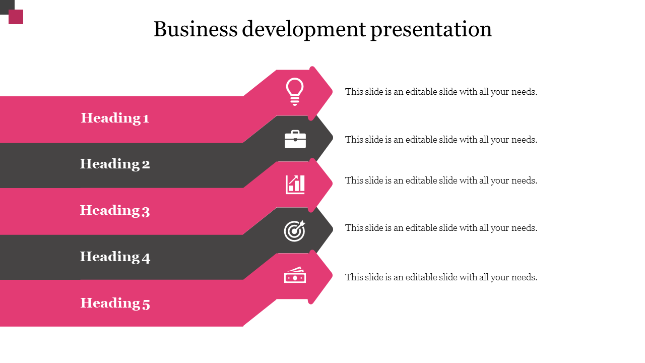 Business development presentation slide with five colored heading sections and corresponding icons with placeholder text.