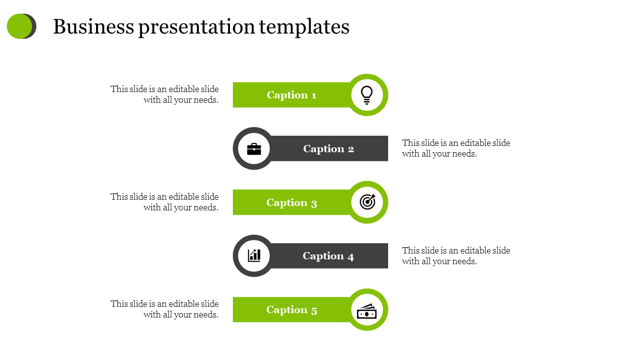 Business PPT presentation slide with five colored icons representing key business areas with captions and placeholder text.