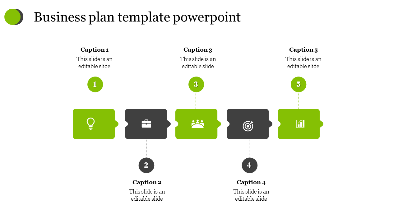 Business plan PPT template with five colored sections, each featuring icons with captions.