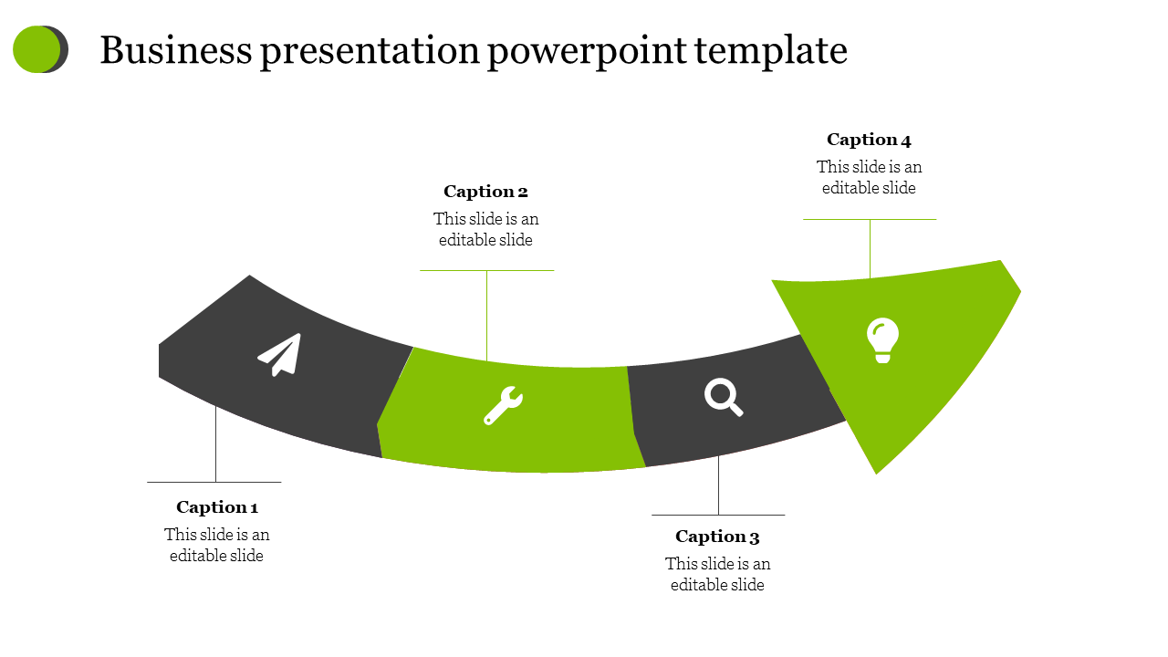 Curved business process slide with four alternating green and black segments, each containing a white icon and caption below. 