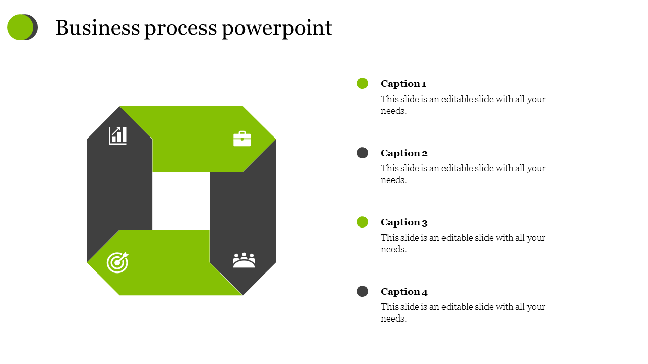 Slide featuring four connected arrow steps in green and black forming a square layout, each containing icons and captions.
