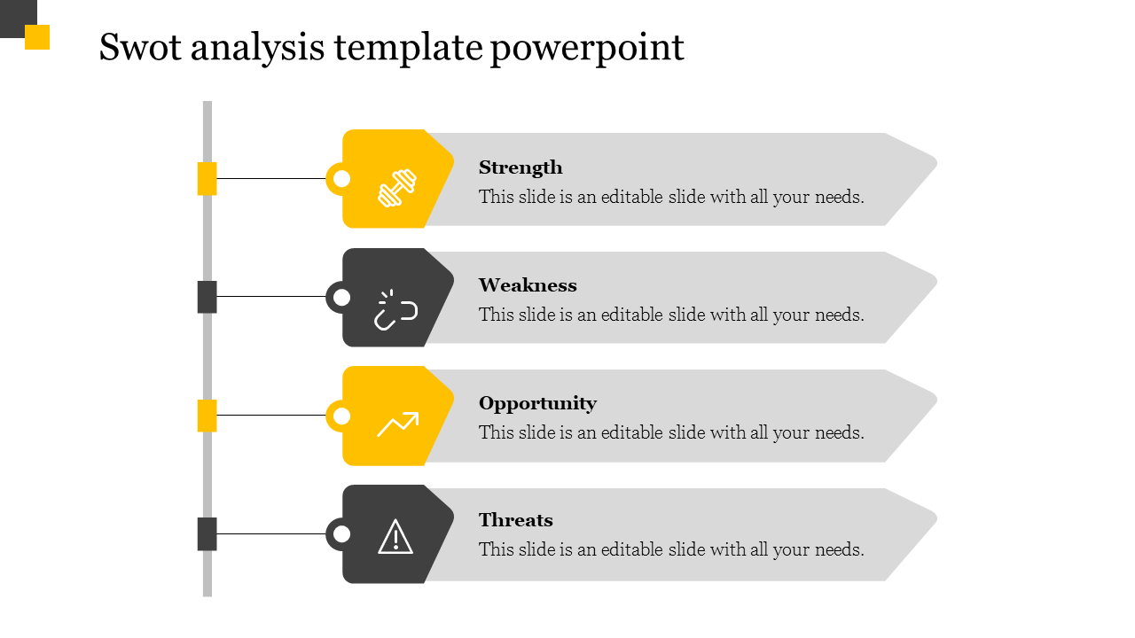 SWOT analysis PPT slide with four arrows and captions for Strength, Weakness, Opportunity, and Threats with colored icons.