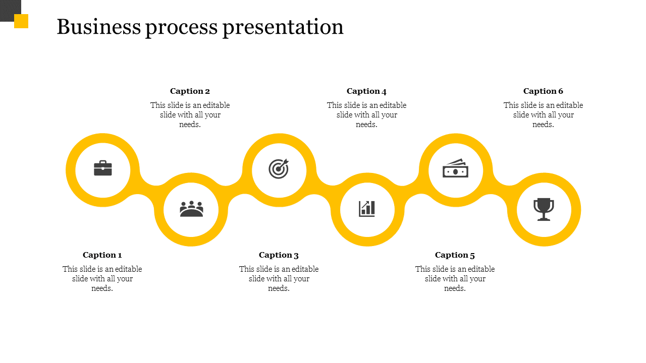 Business process slide featuring a yellow circular timeline with six icons, each representing a business concept.