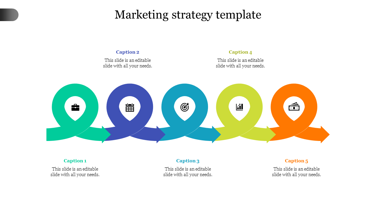 Marketing strategy slide with five looping arrows in teal, blue, cyan, green, and orange, each containing a related icon.