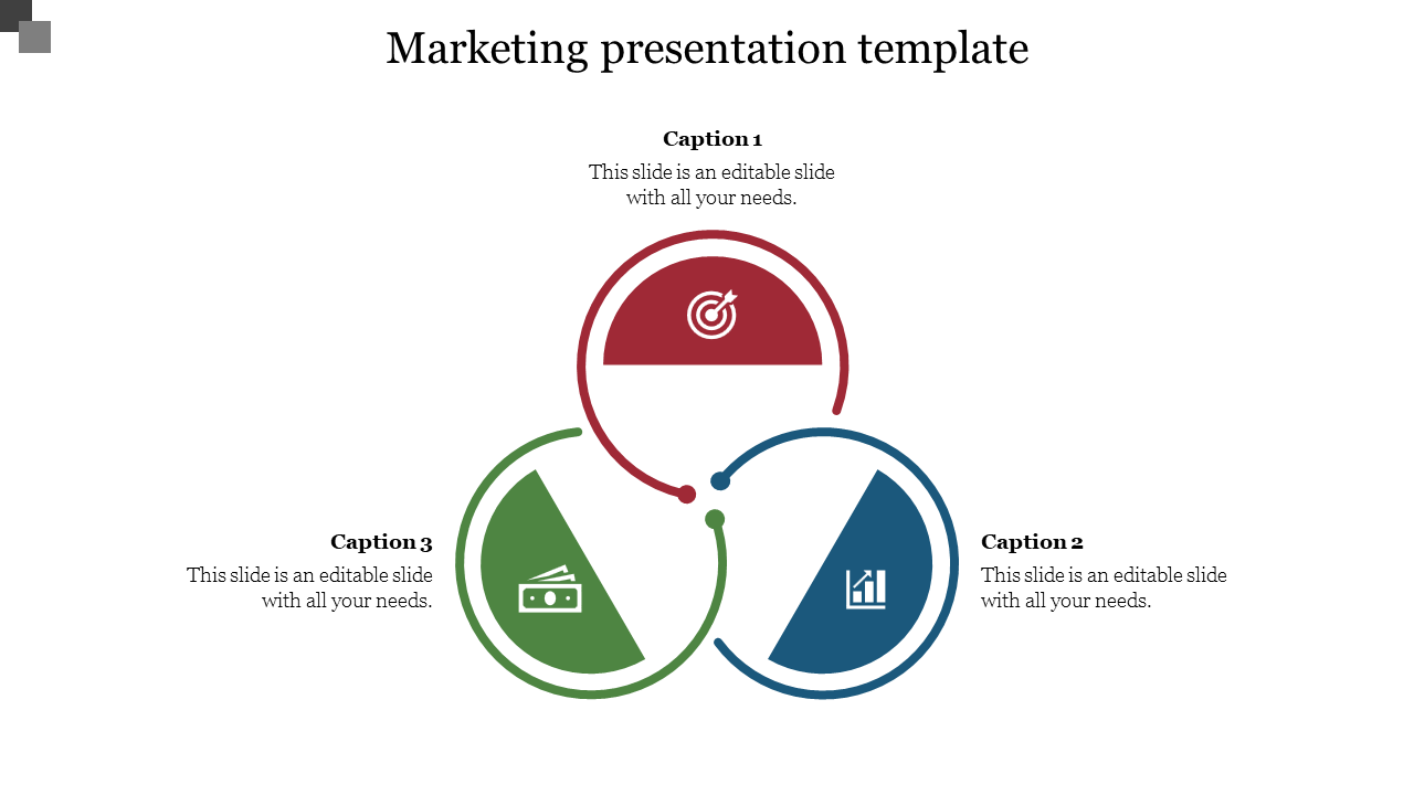 Marketing presentation template with three colored interconnected sections for strategy, finance, and growth with captions.