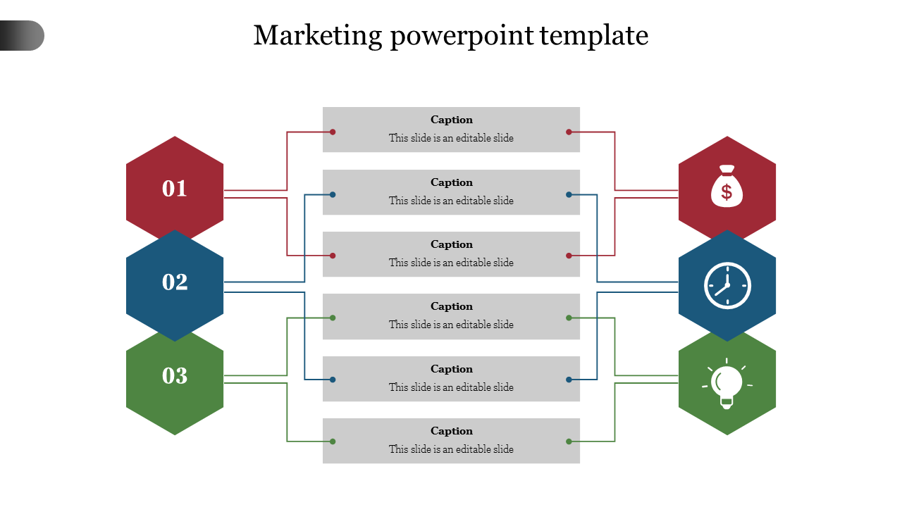 Marketing template with hexagonal icons in red, blue, and green, each linked to gray caption boxes with arrows.