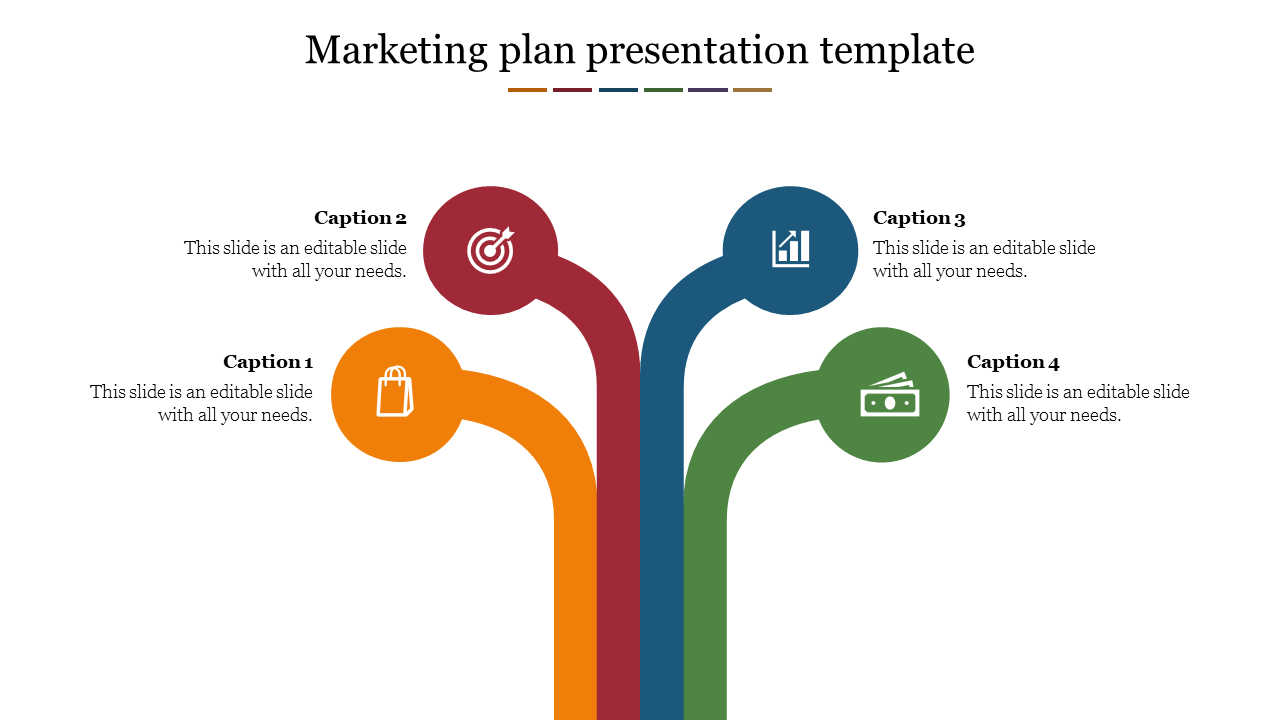 Marketing plan slide with four branches in orange, red, blue, and green, each ending in a circular icon with captions. 