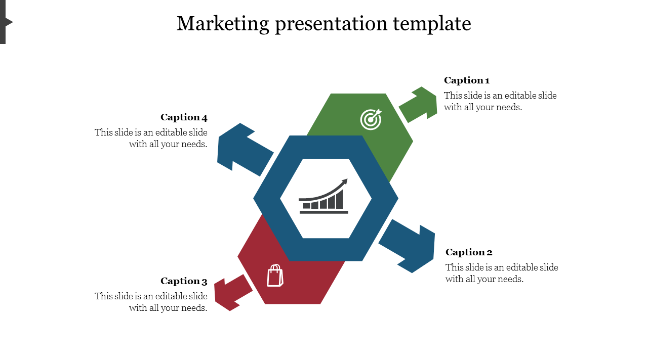 Marketing infographic with a hexagon featuring a growth chart, three arrows extending outward in blue, green, and red. 