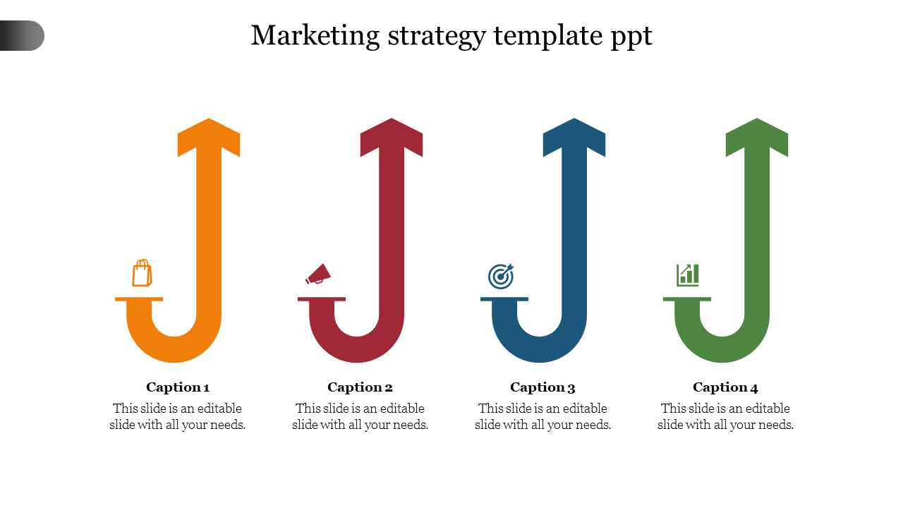 Marketing slide with four curved upward pointing arrows in orange, red, blue, and green, featuring icons and captions below.