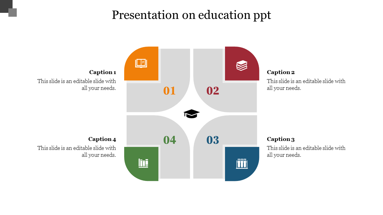 Educational PowerPoint template with a grid layout featuring icons with captions and placeholder text on a white backdrop.