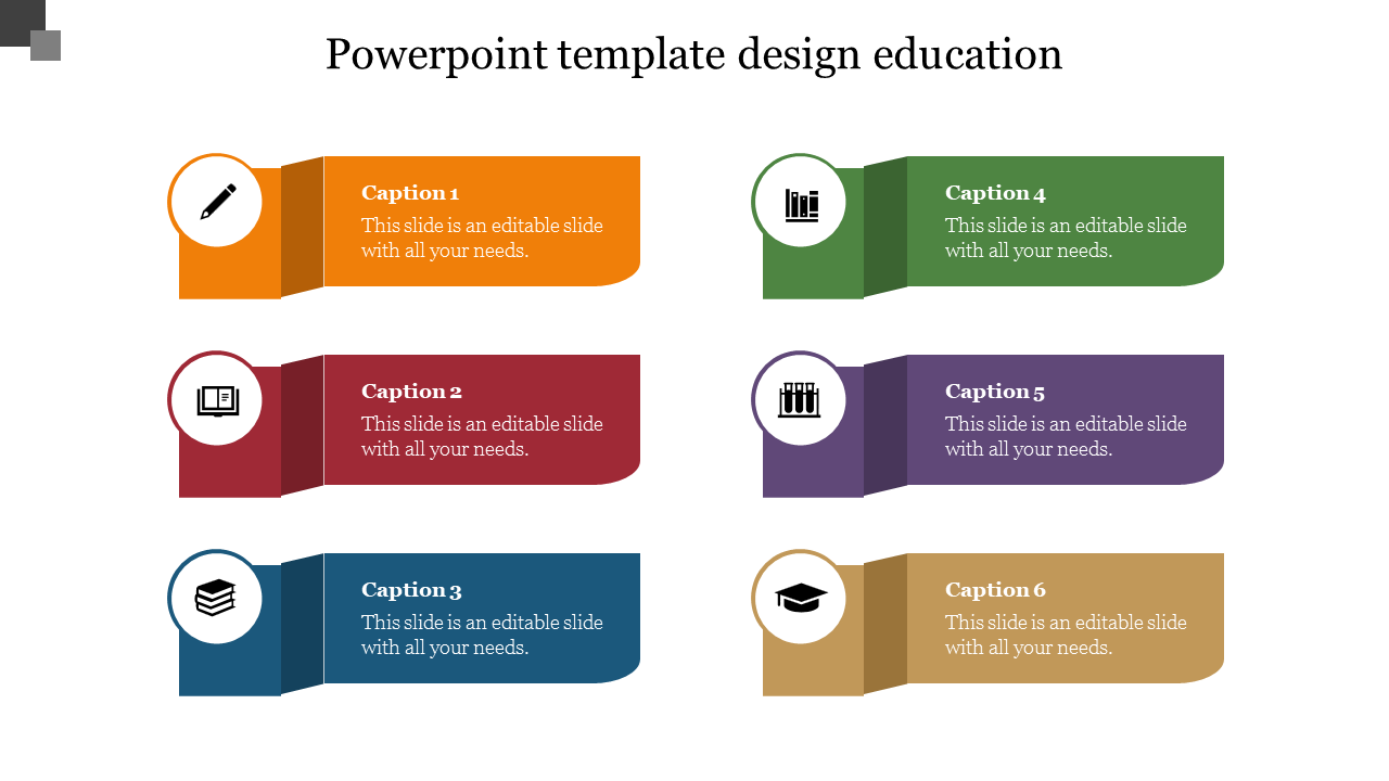 Education slide with six colorful ribbon banner, each with an icon and caption, aligned in two columns on a white background.