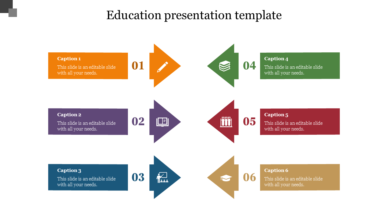 Two column education slide with numbered arrows in different colors, each pointing to a caption banner with an icon. 