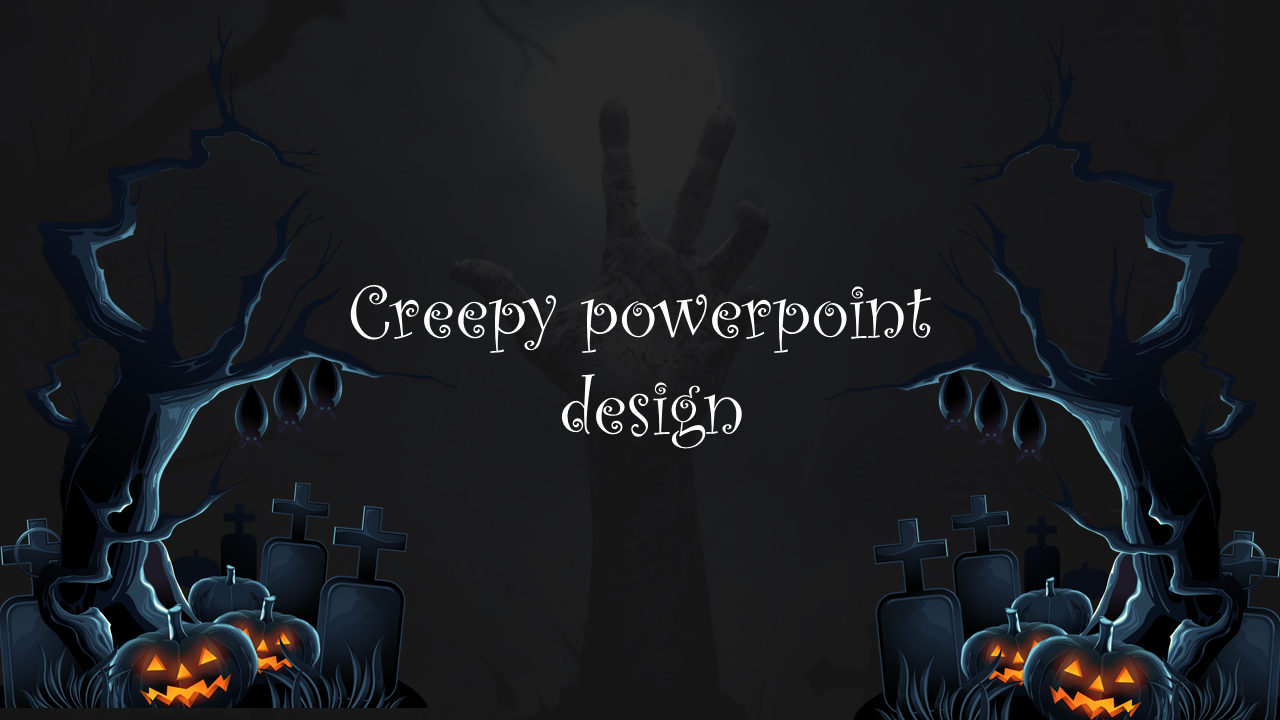 Creepy halloween design featuring a hand emerging from the ground, with pumpkins, bats, and gravestones on a dark background.