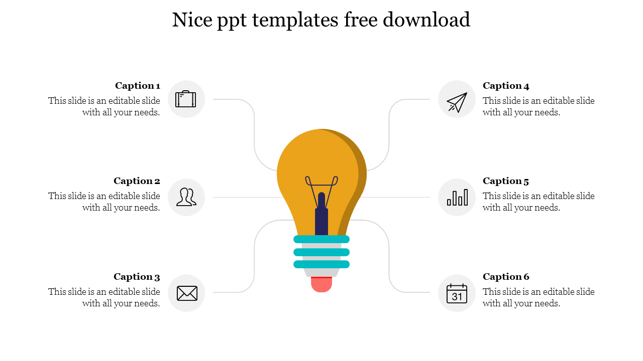 Template with a yellow lightbulb at the center, and six surrounding icons representing different business themes.