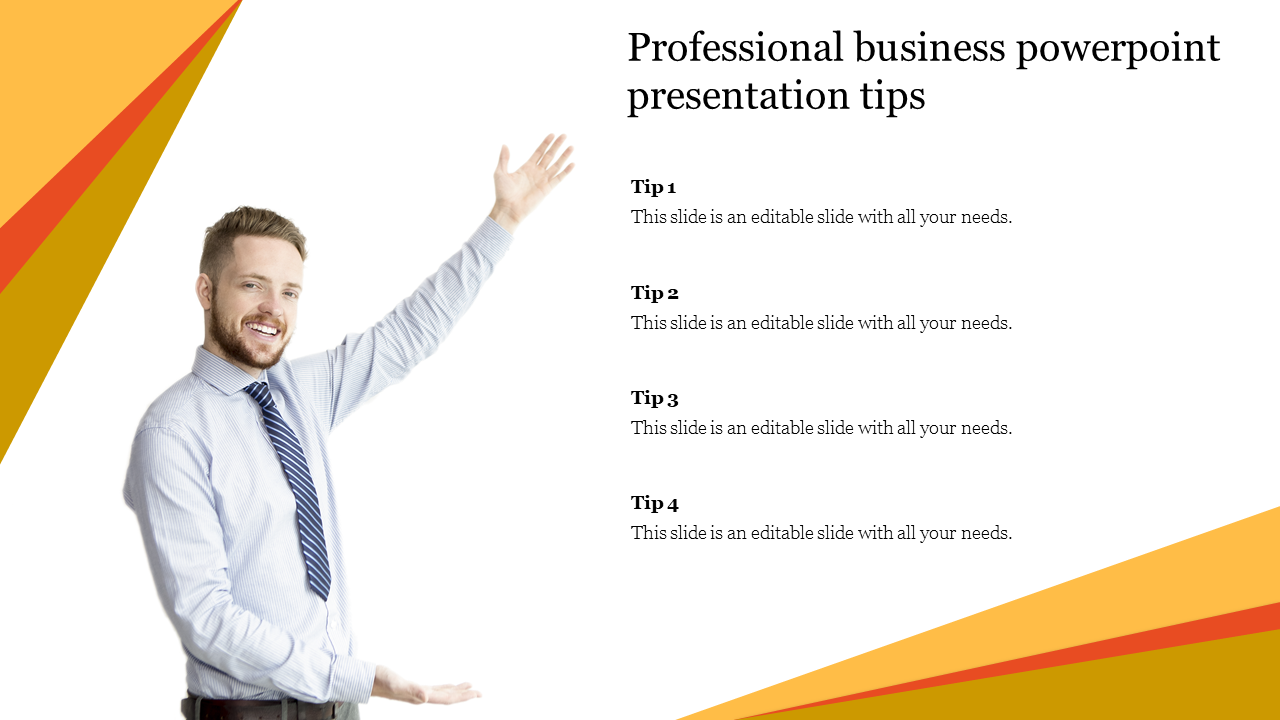 Professional man pointing to a list of editable tips on the right, with angular yellow and orange accents on white layout.