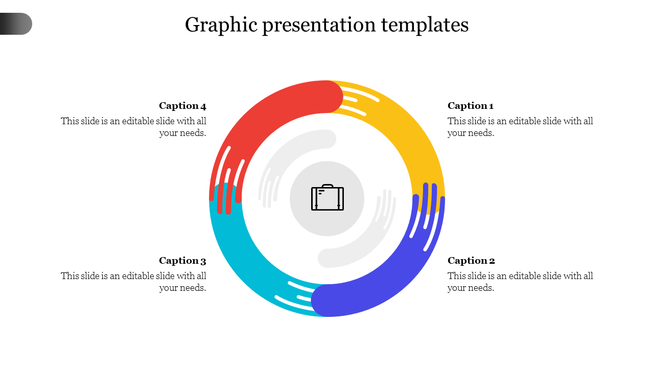 Colorful ring graphic with four curved segments in red, yellow, blue, and cyan, centered around a briefcase icon, with editable captions.