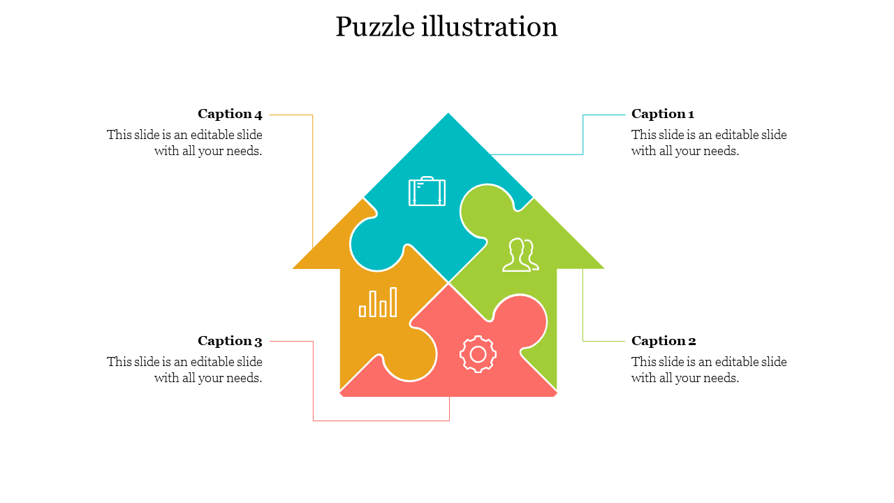 Puzzle infographic shaped like a house with four pieces, each containing an icon and linked to captions around the sides.