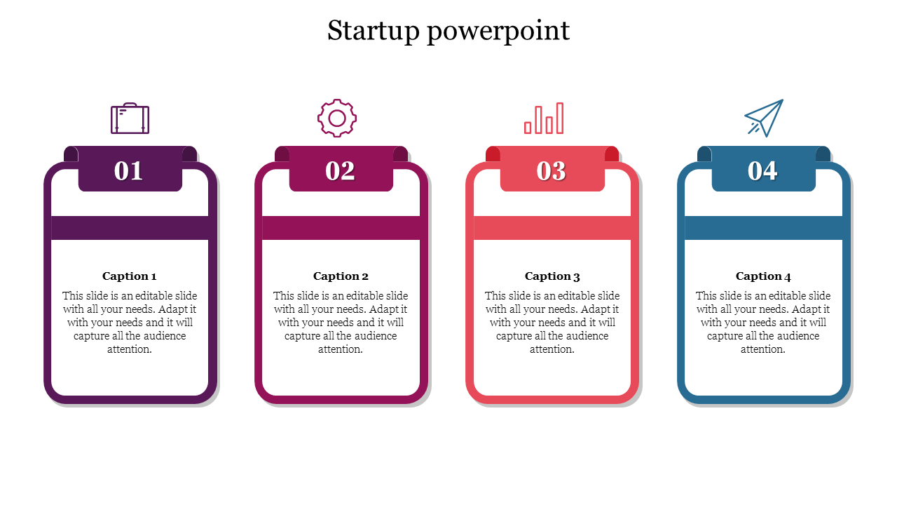 Startup PowerPoint template with four numbered sections featuring colorful icons for each topic on a white backdrop.