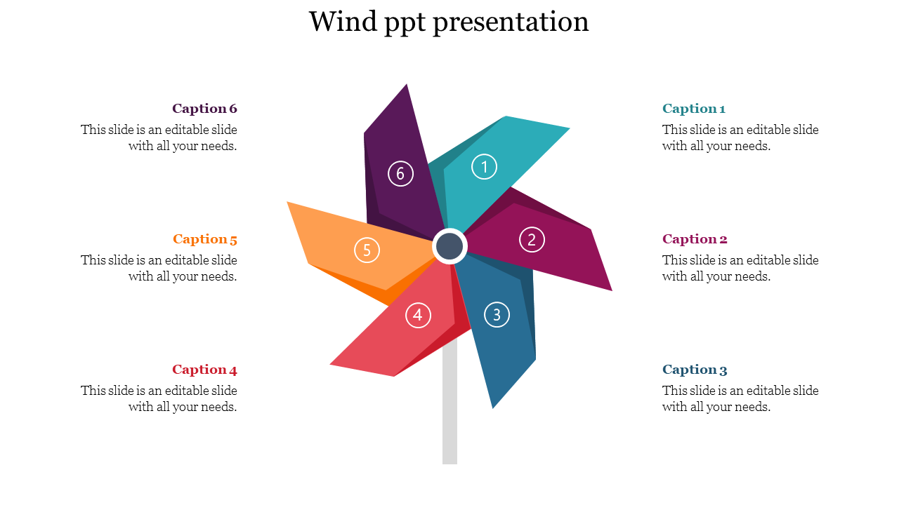 Wind themed infographic with a six blade pinwheel in teal, pink, blue, orange, yellow, and purple, each linked to a caption.