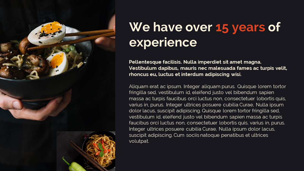 About Us PowerPoint template with an image of noodles and eggs, alongside a section describing 15 years of experience.