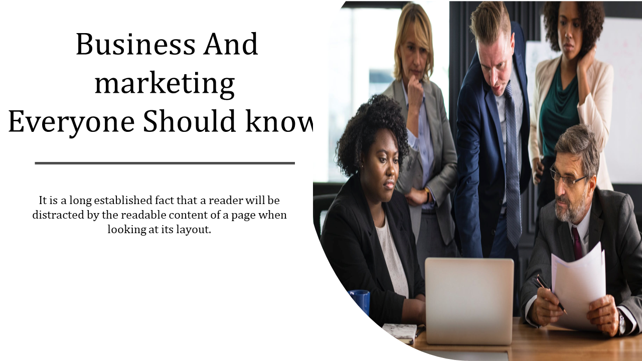 Business and marketing slide showing a diverse team of professionals collaborating at a table with a laptop and documents.
