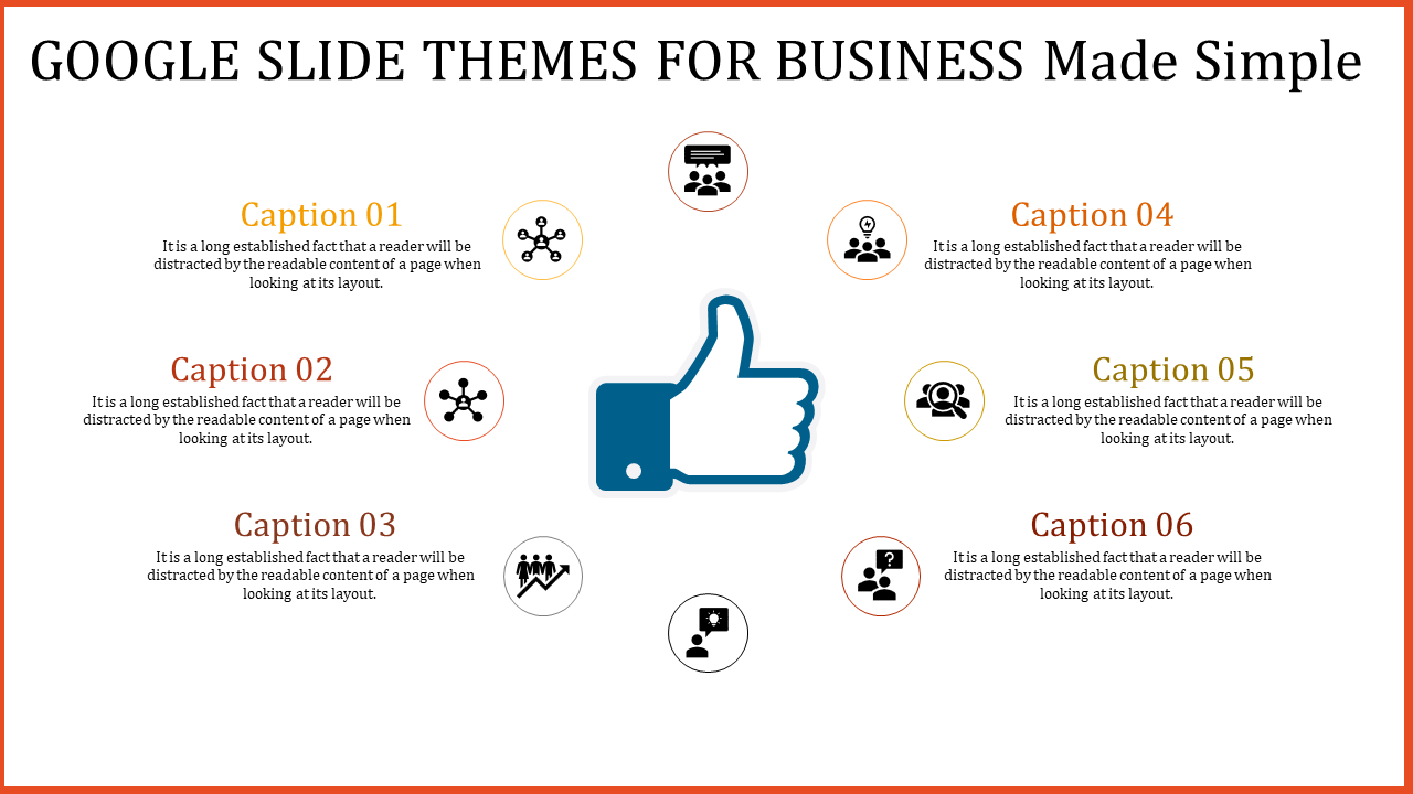 Infographic with a central thumbs up icon surrounded by six circular captions featuring business themed icons.
