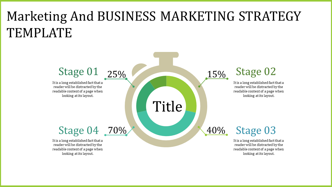 Business strategy slide with a circular stopwatch design displaying stages 01 to 04 and placed with percentages.