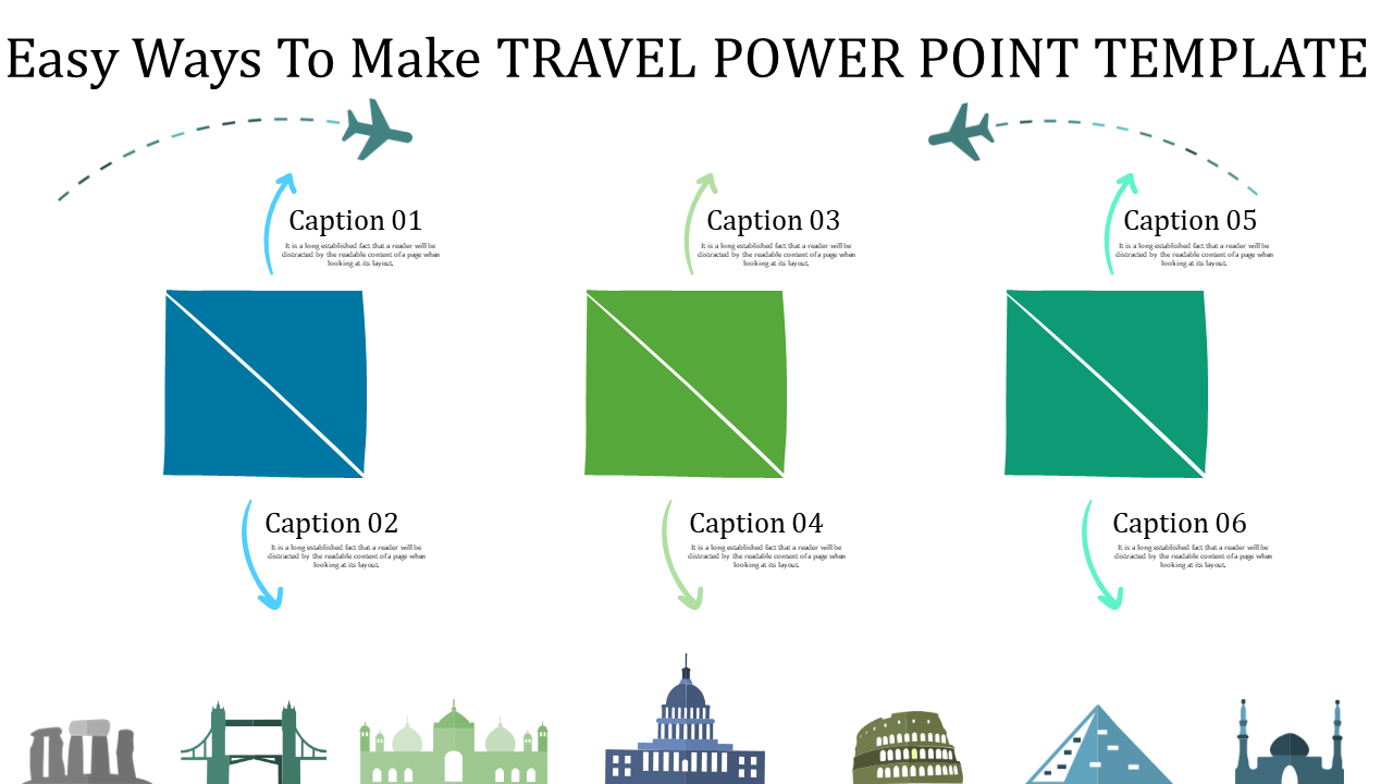 Three step travel infographic with labeled squares, directional arrows, airplane icons, and landmark silhouettes.