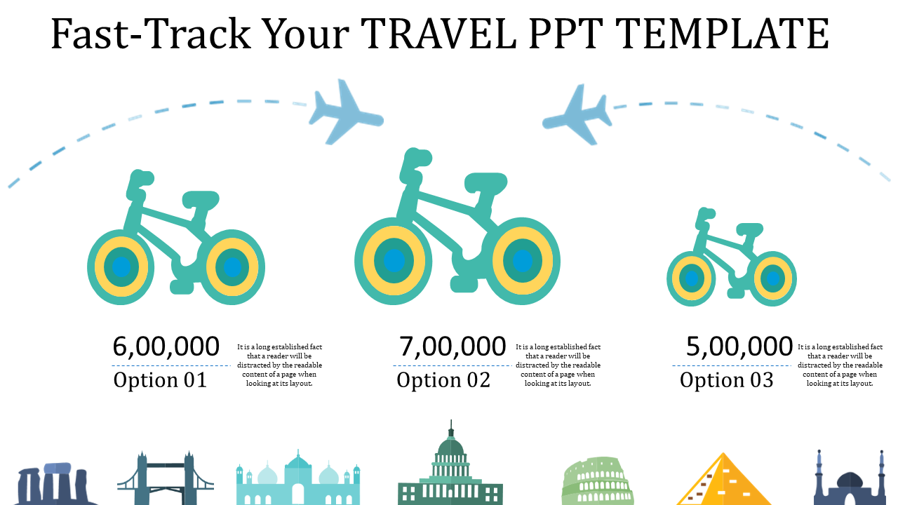 Modern travel slide with repeating bicycle motif, dotted flight paths, and eight famous landmarks in muted colors.