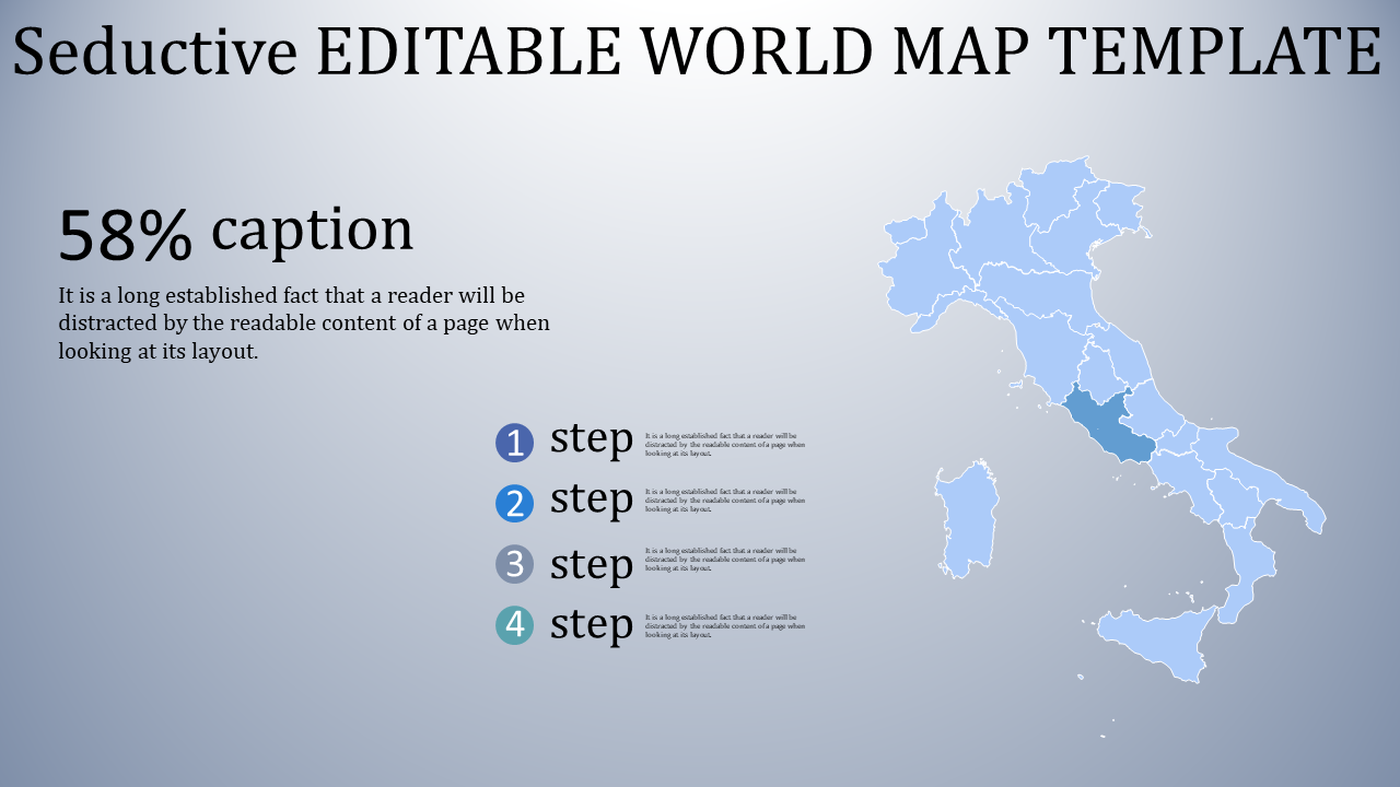 Map infographic with a focus on a blue highlighted area, with four steps listed, and a large percentage display.