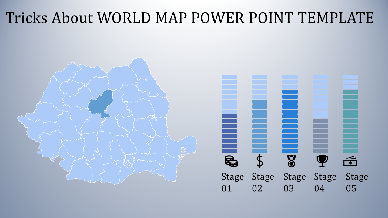 PowerPoint template showing a world map with Romania highlighted, accompanied by stages represented by color coded bars.