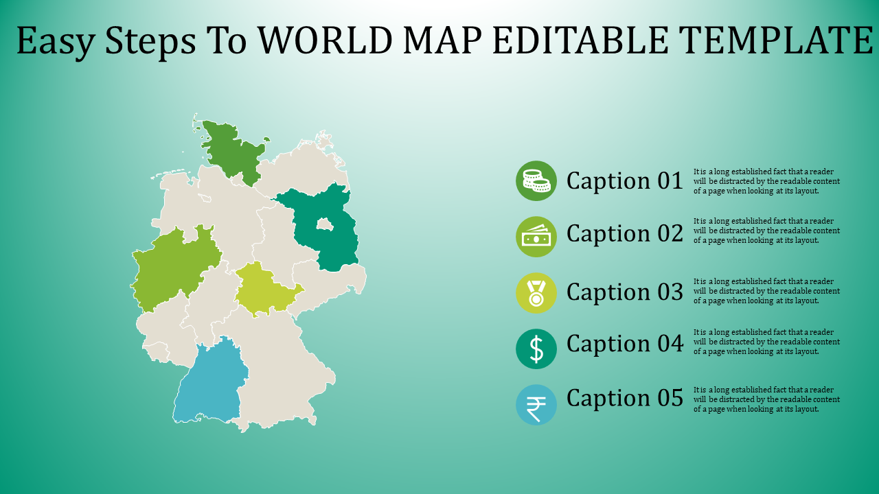 Germany map design with regions shaded in green tones and vertical list of caption icons representing financial concepts.