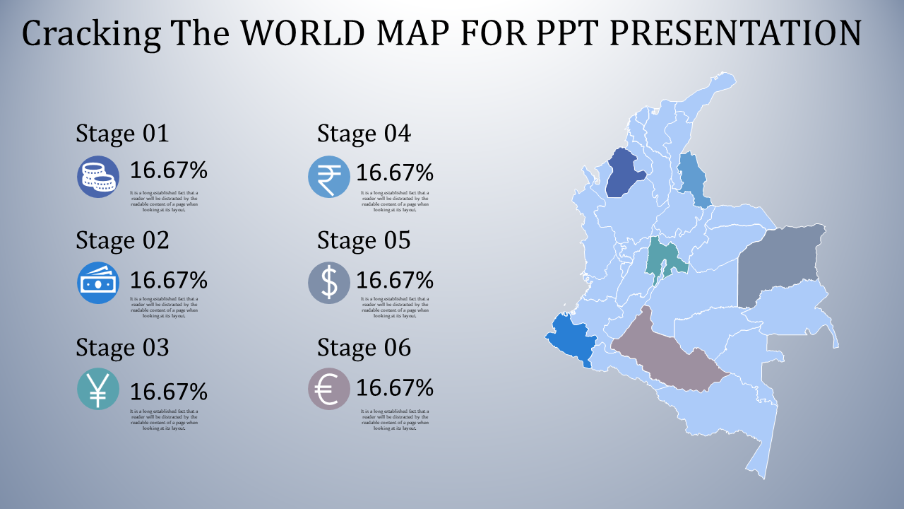 A world map with regions highlighted and icons representing different stages of a PPT presentation, each with a percentage.