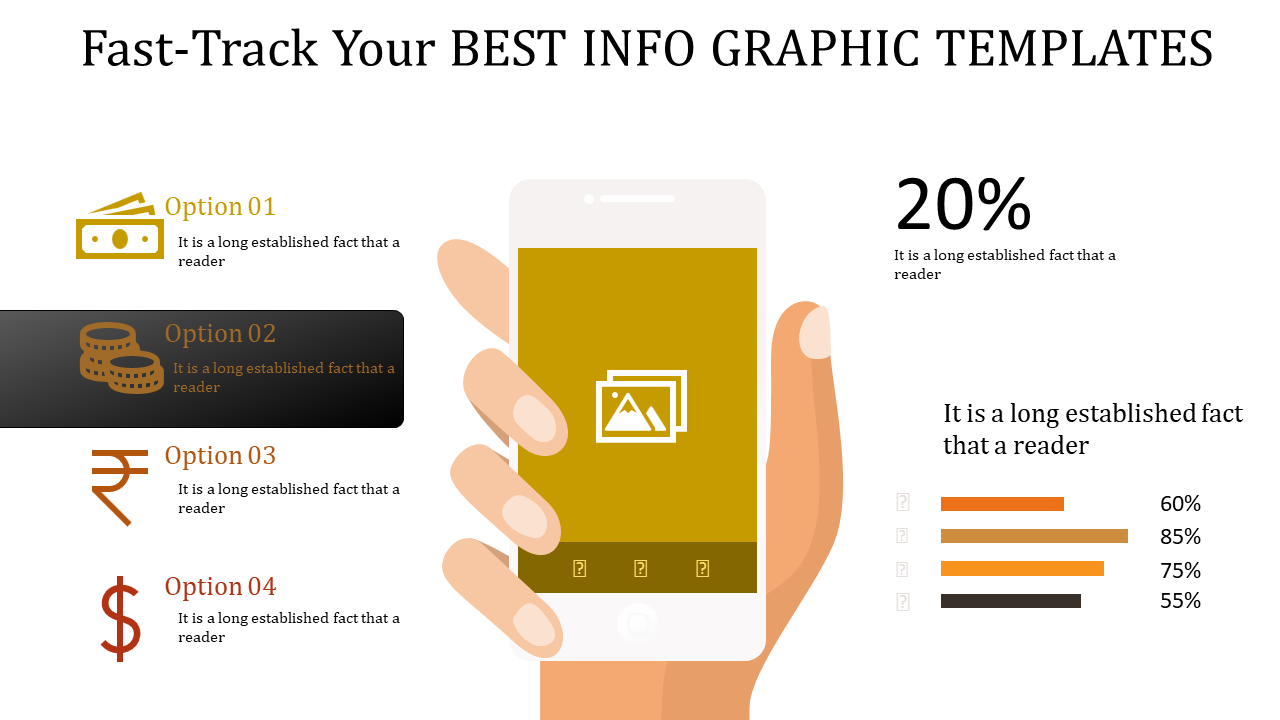 Infographic template showing a smartphone in hand, currency icons for financial options, and percentage in bar chart.
