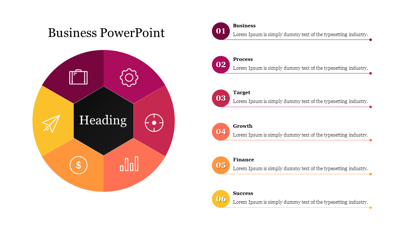 Hexagonal business infographic featuring icons for six key concepts, including target and finance, with descriptions.