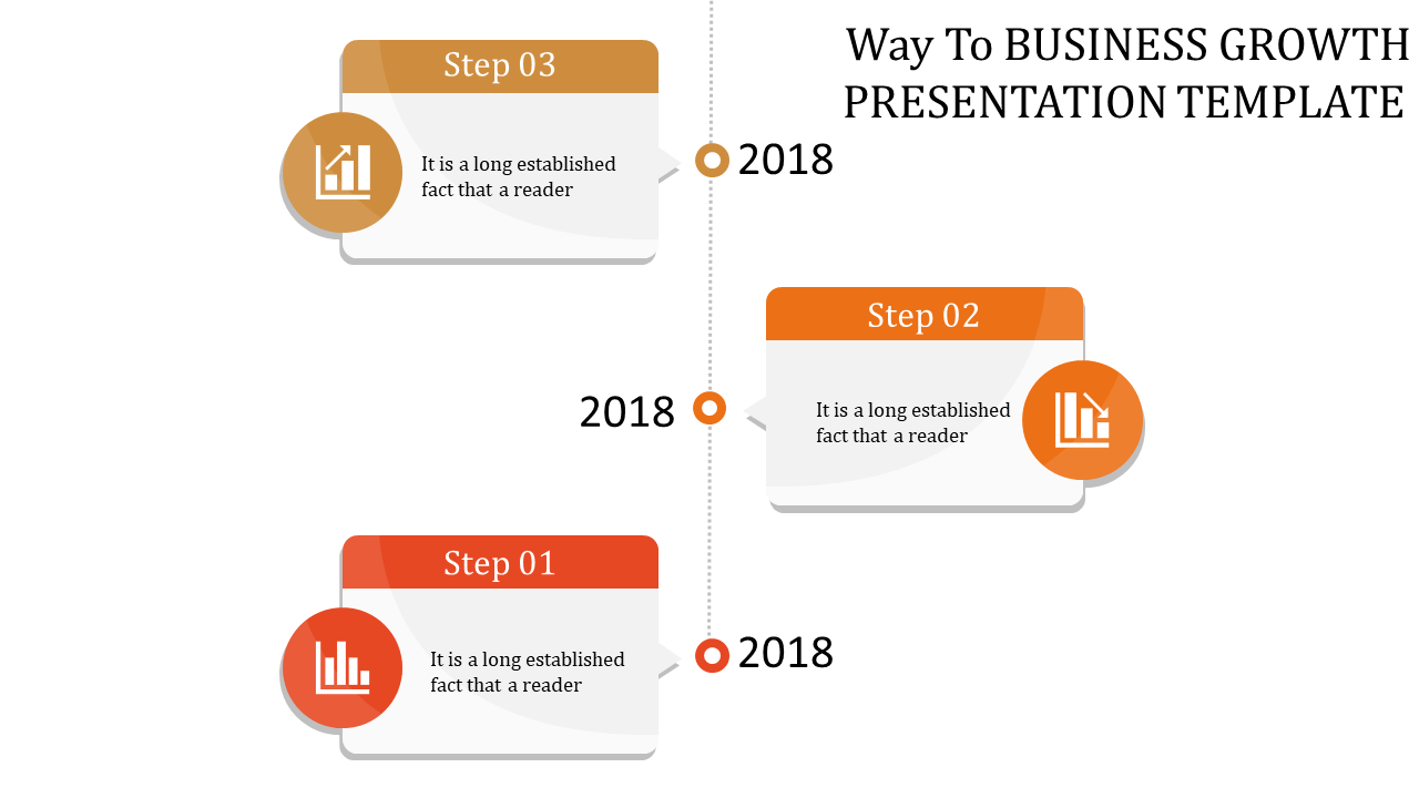 Business growth template with a timeline, three steps arranged, and circular icons displaying growth-related visuals.